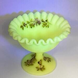 Fenton Uranium Glass Compote • 4” x 4.75” • Signed • Satin Custard • Glows